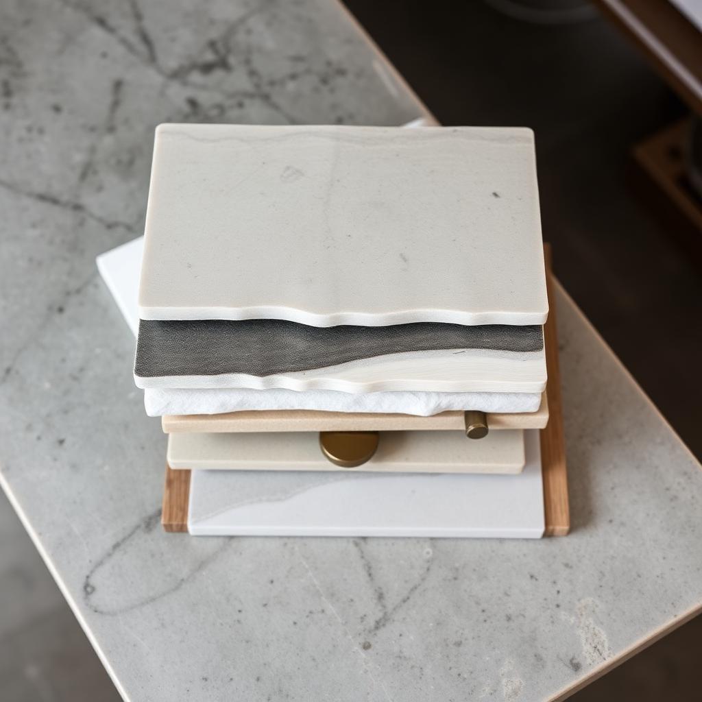 Stacked stone and wood material samples